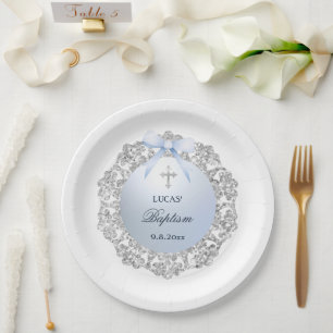 Silver Glitter Frame Blue Bow Baptism Paper Plates