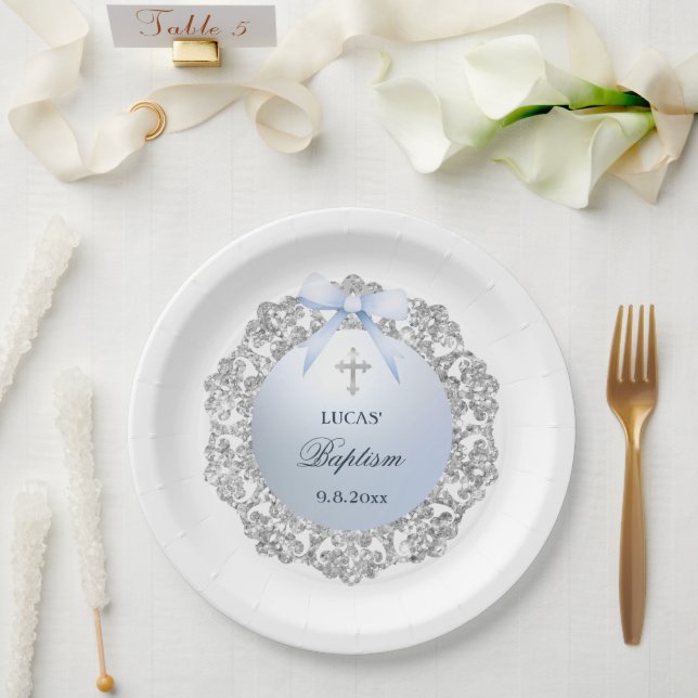 Silver Glitter Frame Blue Bow Baptism Paper Plates (Wedding)