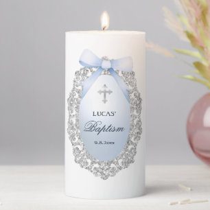 Silver Glitter Frame Blue Bow Baptism Pillar Candle