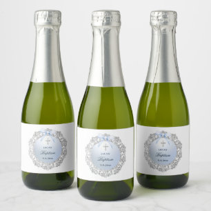Silver Glitter Frame Blue Bow Baptism Sparkling Wine Label