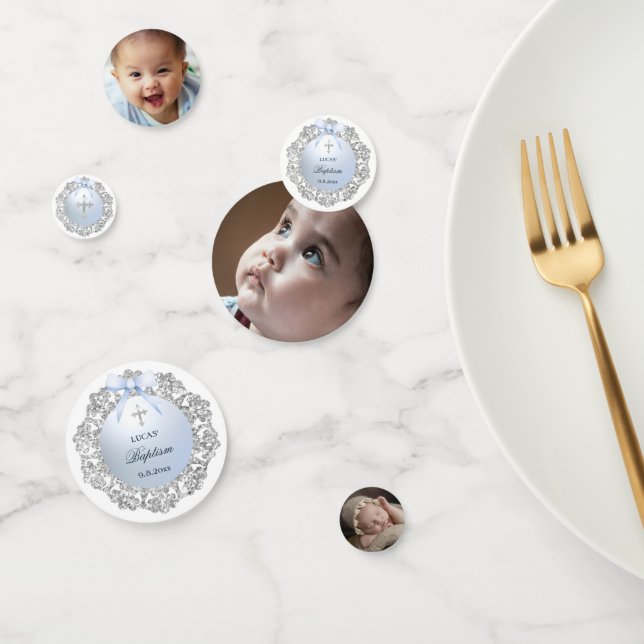 Silver Glitter Frame Blue Bow Baptism Table Confetti (Group)