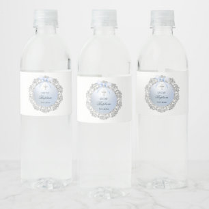 Silver Glitter Frame Blue Bow Baptism Water Bottle Label