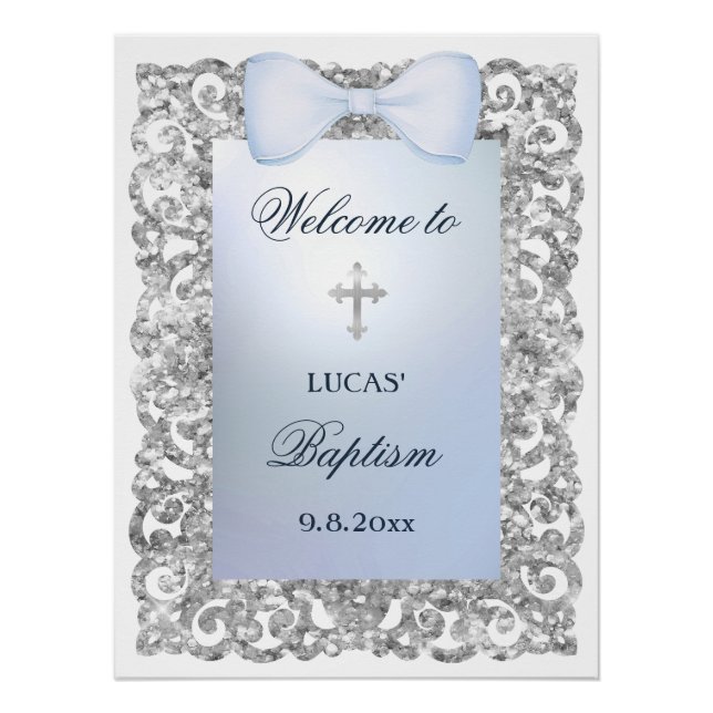 Silver Glitter Frame Blue Bow Baptism Welcome Poster (Front)