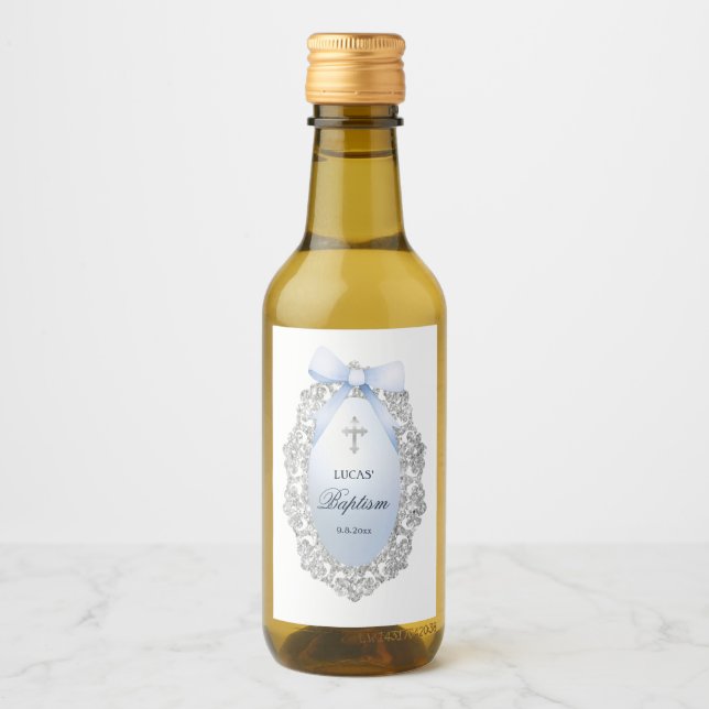Silver Glitter Frame Blue Bow Baptism Wine Label (Front)