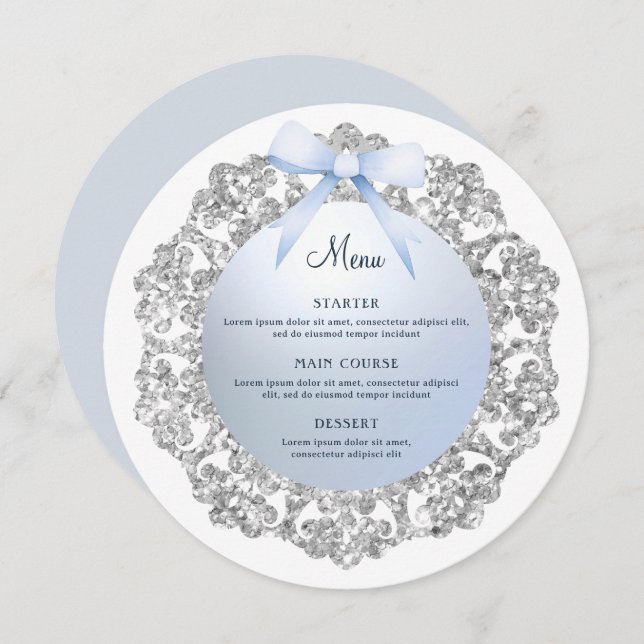 Silver Glitter Frame Blue Bow Round Menu (Front/Back)