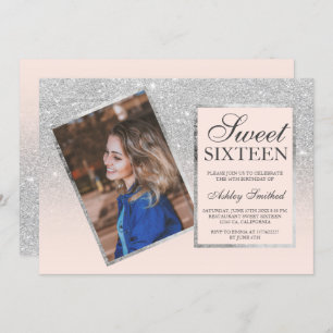 Silver glitter frame blush ombre photo Sweet 16 Invitation