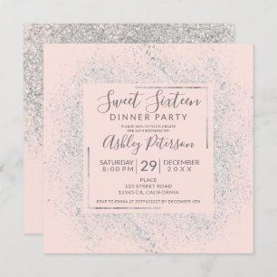 Silver glitter frame chic blush pink sweet 16 invitation
