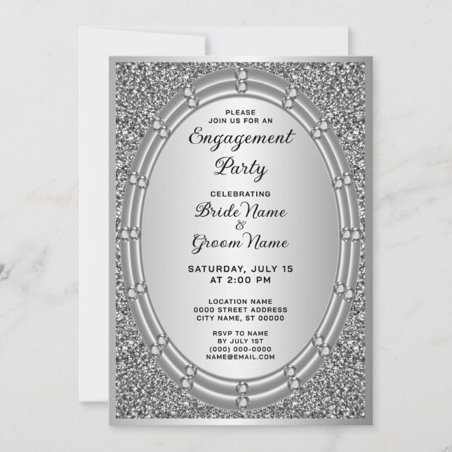 Silver Glitter Frame Engagement Invitation (Front)