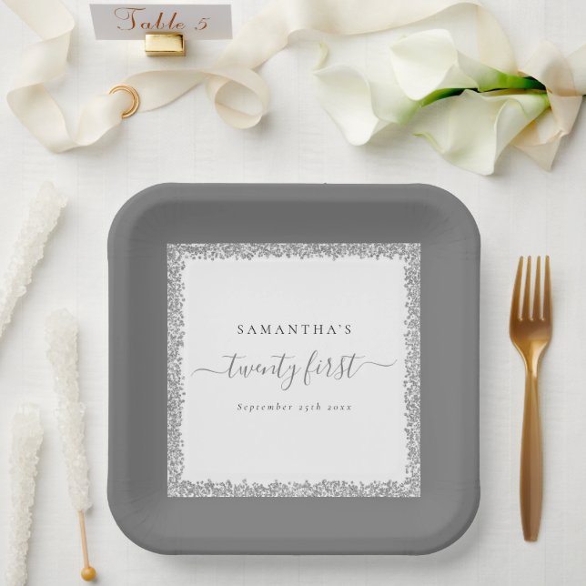 Silver Glitter Frame Name Date 21st Birthday Paper Plates (Wedding)