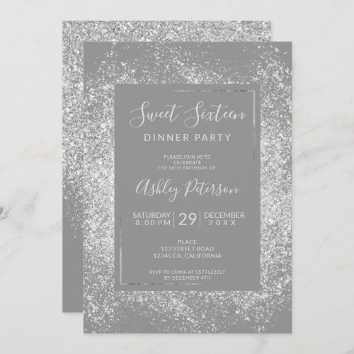 Silver glitter frame pastel chic gray sweet 16 invitation