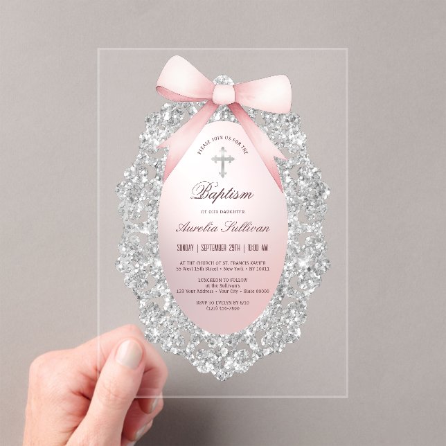 Silver Glitter Frame Pink Bow Baptism Acrylic Invitations (Insitu (Handheld))