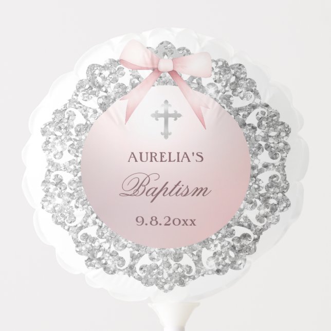 Silver Glitter Frame Pink Bow Baptism Balloon (Front)