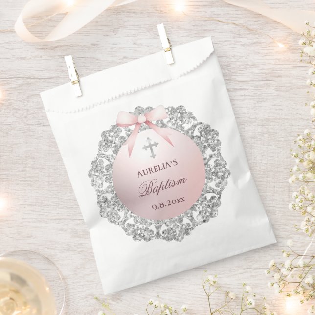 Silver Glitter Frame Pink Bow Baptism Favor Bag (Clipped)