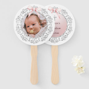 Silver Glitter Frame Pink Bow Baptism Hand Fan