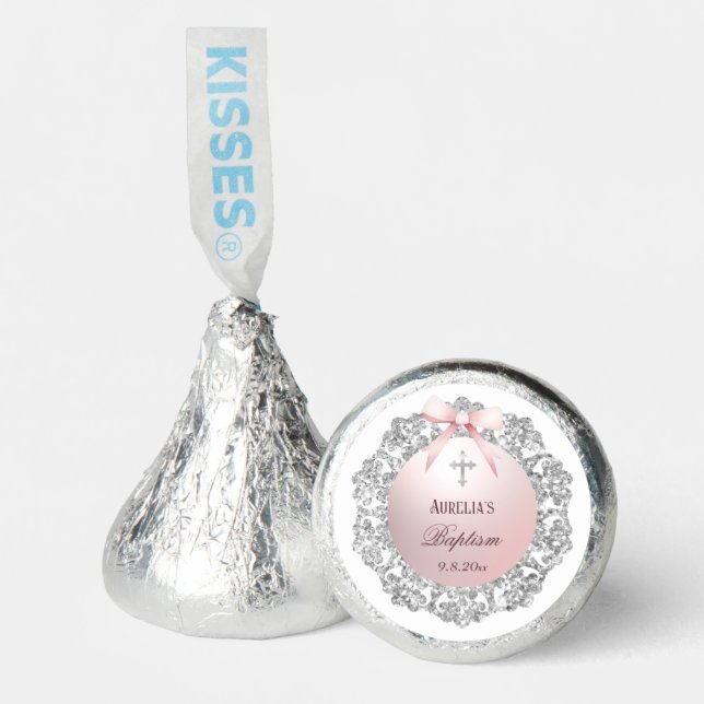 Silver Glitter Frame Pink Bow Baptism Hershey®'s Kisses® (Front)