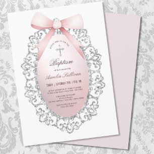 Silver Glitter Frame Pink Bow Baptism Invitation