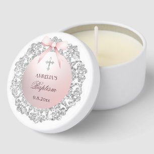 Silver Glitter Frame Pink Bow Baptism Mini Candle Favors