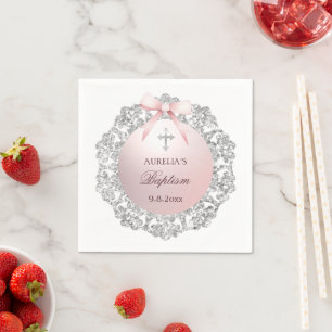 Silver Glitter Frame Pink Bow Baptism Napkins