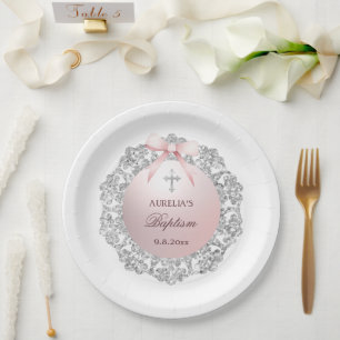 Silver Glitter Frame Pink Bow Baptism Paper Plates