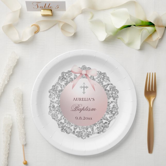 Silver Glitter Frame Pink Bow Baptism Paper Plates (Wedding)