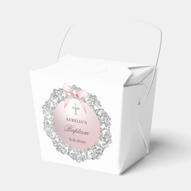 Silver Glitter Frame Pink Bow Baptism Take Out Favor Boxes (Front Side)