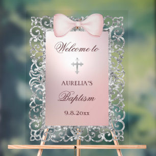 Silver Glitter Frame Pink Bow Baptism Welcome Acrylic Sign