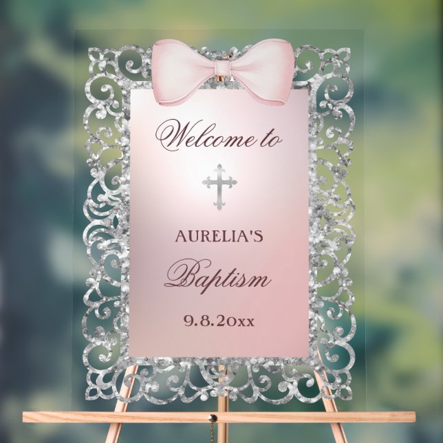 Silver Glitter Frame Pink Bow Baptism Welcome Acrylic Sign (Neutral)