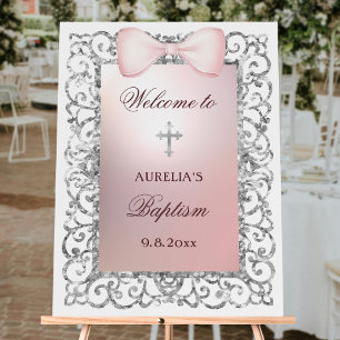 Silver Glitter Frame Pink Bow Baptism Welcome Foam Board