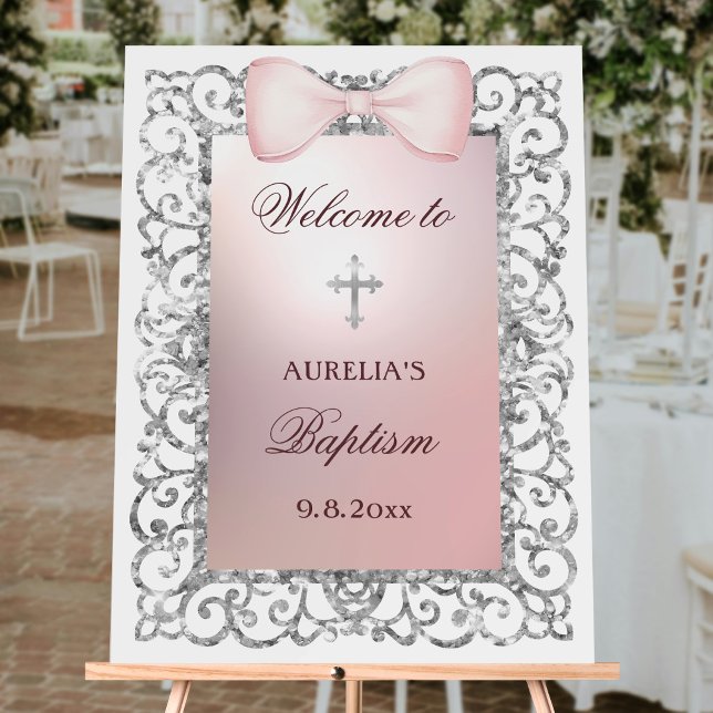 Silver Glitter Frame Pink Bow Baptism Welcome Foam Board (Creator Uploaded)