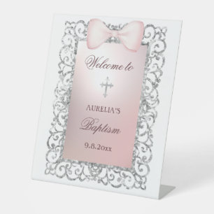 Silver Glitter Frame Pink Bow Baptism Welcome Pedestal Sign