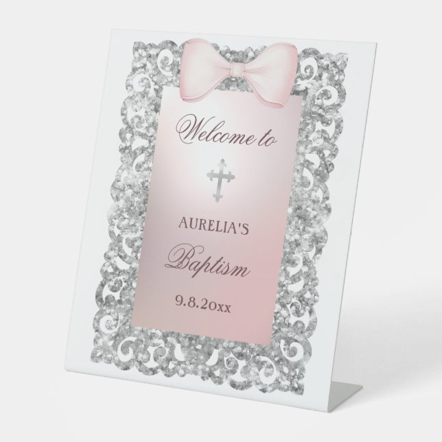 Silver Glitter Frame Pink Bow Baptism Welcome Pedestal Sign (Front)