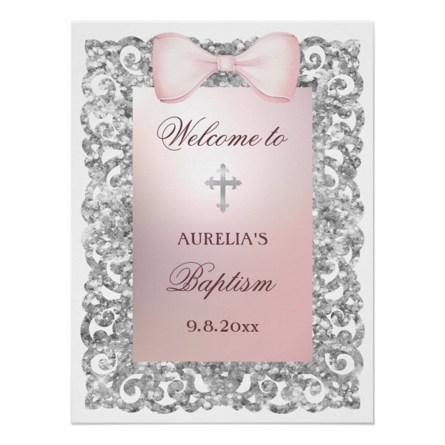 Silver Glitter Frame Pink Bow Baptism Welcome Poster (Front)