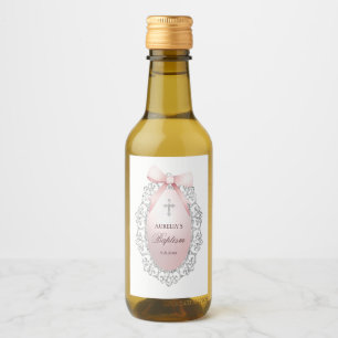 Silver Glitter Frame Pink Bow Baptism Wine Label