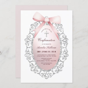 Silver Glitter Frame Pink Bow Confirmation Invitation