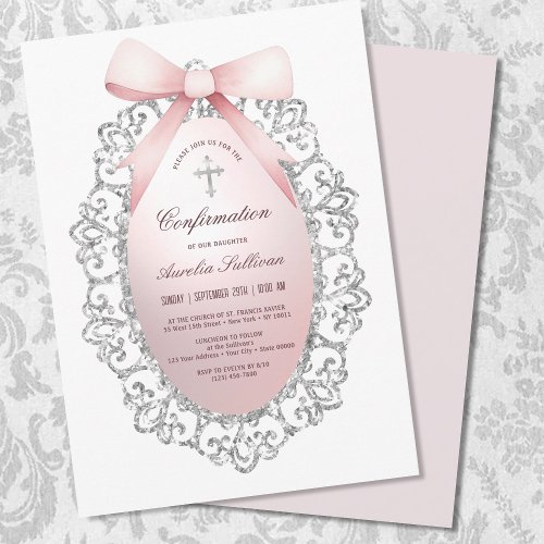 Silver Glitter Frame Pink Bow Confirmation