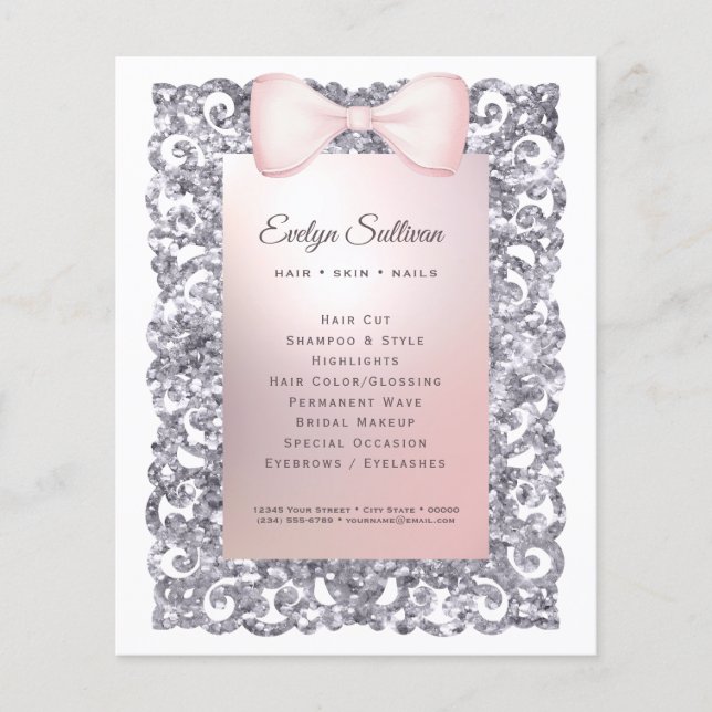 Silver glitter frame pink bow flyer (Front)