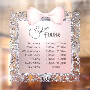 Silver Glitter Frame Pink Bow Opening Hours Window Cling