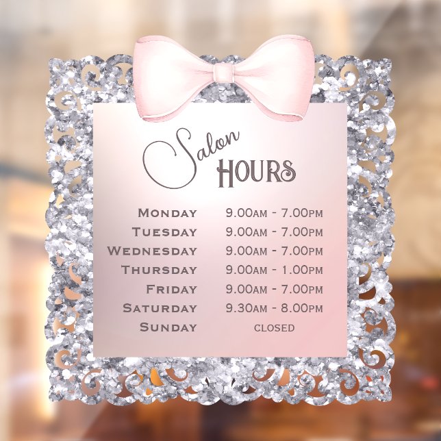 Silver Glitter Frame Pink Bow Opening Hours Window Cling (Sheet 2)