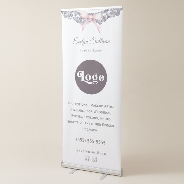 Silver glitter frame pink bow retractable banner (3/4)