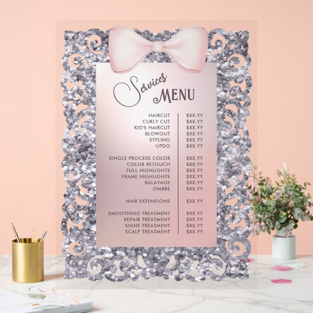 Silver Glitter Frame Pink Bow Services Menu Acrylic Sign (Wedding)