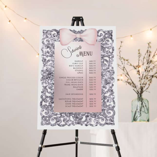Silver Glitter Frame Pink Bow Services Menu Foam Board (In Situ (Stand))