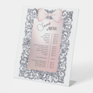 Silver Glitter Frame Pink Bow Services Menu Pedestal Sign