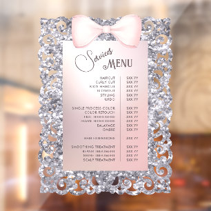 Silver Glitter Frame Pink Bow Services Menu Window Cling