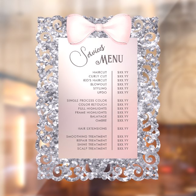Silver Glitter Frame Pink Bow Services Menu Window Cling (Sheet 2)
