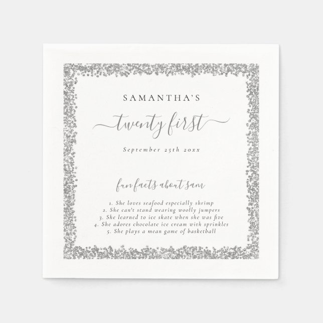 Silver Glitter Fun Facts Name Date 21st Party Napkins (Front)