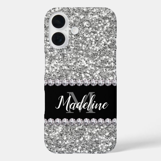 Silver Glitter & Gems with Name and Monogram Case-Mate iPhone Case (Back)