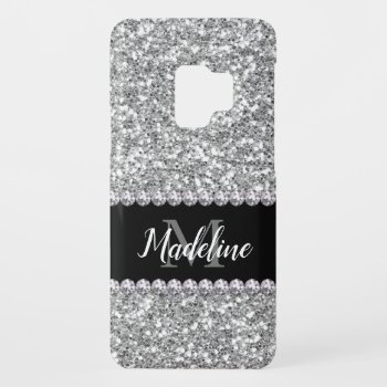 Silver Glitter & Gems With Name And Monogram Case-mate Samsung Galaxy S9 Case by CoolestPhoneCases at Zazzle