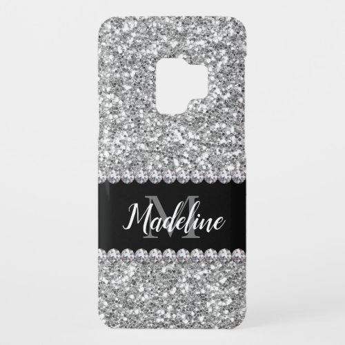 Silver Glitter  Gems with Name and Monogram Case_Mate Samsung Galaxy S9 Case