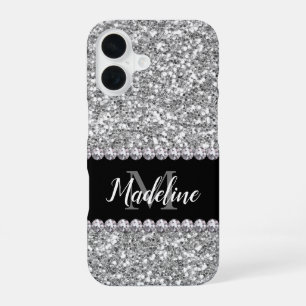 Silver Glitter & Gems with Name and Monogram iPhone 16 Case