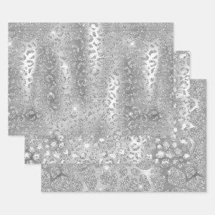 Silver Glitter Giraffe & Leopard Spots Patterns Wrapping Paper Sheets